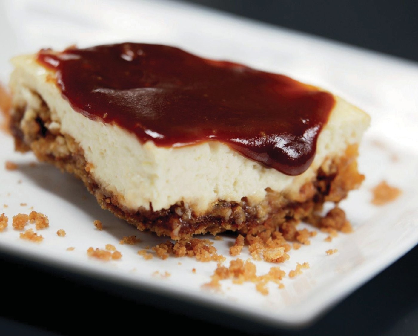 White chocolate cheesecake with caramel and macadamia nuts